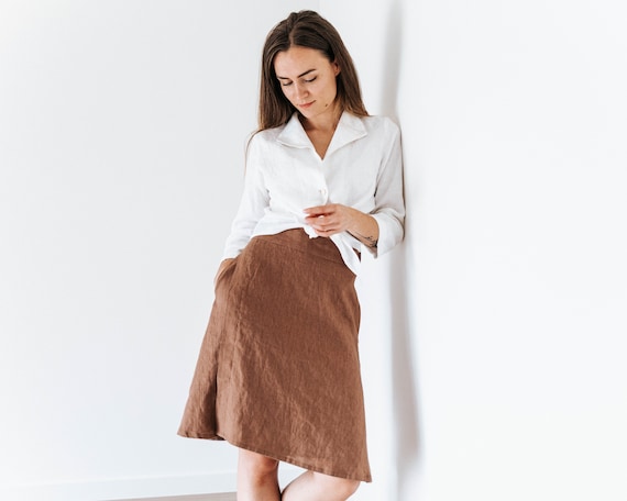 Linen skirt. Wrap skirt with deep side pockets.  Summer skirt. A line skirt. Mini linen skirt. Linen clothes. Available in 47 colors.