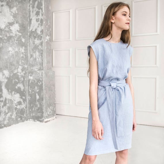 Linen Dress. Grayish Blue Dress. Fitting Flare Linen Dress. Mini