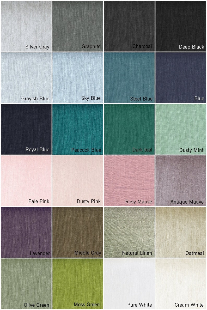 K&ouml;nnte beinhalten: Eine Farbpalette mit 24 Stoffmustern in verschiedenen Farbt&ouml;nen. Zu den Farben geh&ouml;ren Silbergrau, Graphit, Holzkohle, Tiefschwarz, Himmelblau, Stahlblau, Staubrosa und Olivgr&uuml;n. Jedes Muster ist mit seinem Farbnamen beschriftet.