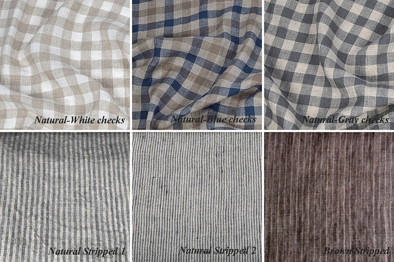 Puede incluir: Una colecci&oacute;n de telas de lino con varios patrones. Las telas incluyen cuadros blancos y naturales, cuadros azules y naturales, cuadros grises y naturales, rayas grises y blancas, rayas grises y blancas y rayas marrones. El texto de la imagen dice "Natural-White checks", "Natural-Blue checks", "Natural-Gray checks", "Natural Stripped 1", "Natural Stripped 2" y "Brown Stripped".