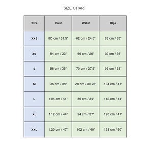 May include: Size chart for clothing with measurements in inches and centimeters. The chart lists sizes XXS through XXL with corresponding bust, waist, and hip measurements.