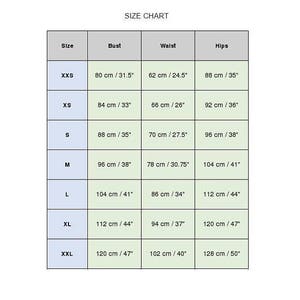 May include: Size chart for clothing with measurements in inches and centimeters. The chart shows sizes from XXS to XXL with corresponding bust, waist, and hip measurements.