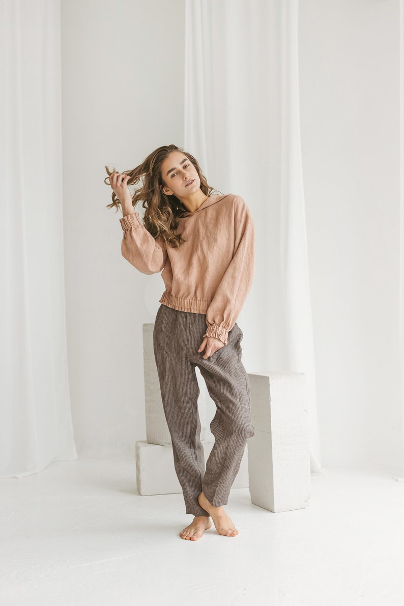 Linen hoodie for woman in Dusty peach color. Long sleeve linen top. Oversize hooded top available in 47 color. image 4