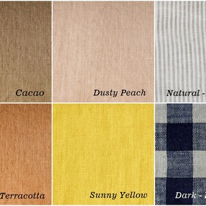 May include: A fabric swatch collage featuring six different linen textiles. Colors include Cacao, Dusty Peach, Natural with white stripes, Terracotta, Sunny Yellow, and Dark Blue Check. Each swatch is labeled with its respective color name.