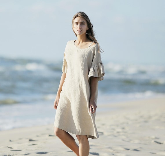 Linen dress. Knee length sundress. Ruffled sleeves dress. Oversize dress. Midi dress. Summer dress. Casual dress. Short sleeves dress.