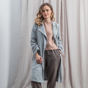 Linen coat in heavy weight linen fabric / Loose knee length linen jacket with long sleeves and deep side pockets / Fall linen cardigan