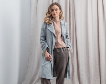 Lockerer Leinenmantel aus schwerem Leinengewebe / Knielange Leinenjacke mit langen Ärmeln und tiefen Seitentaschen / Herbst Leinenjacke