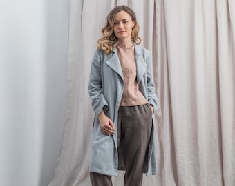 Linen coat in heavy weight linen fabric / Loose knee length linen jacket with long sleeves and deep side pockets / Fall linen cardigan