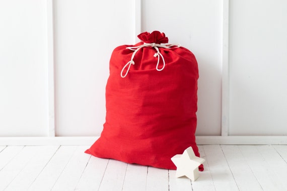 Christmas red linen gift bag, Christmas bag with drawstring, Christmas treats bag, Ready to ship.