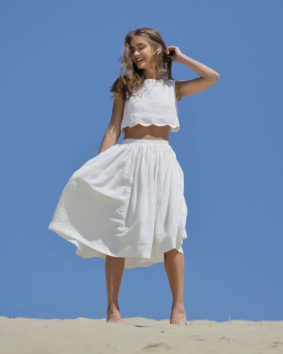 Linen skirt / knee length summer skirt / day outfit / organic cloth / flared women skirt / handmade midi linen clothing / skirt with pockets