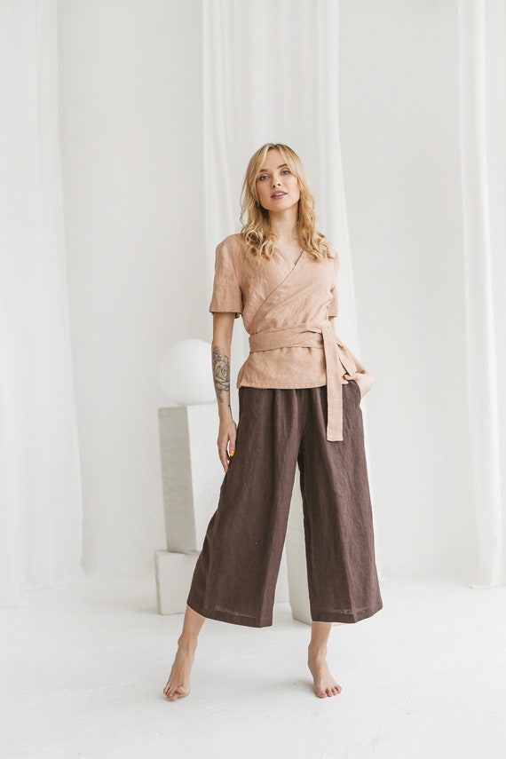 Linen wrap blouse. Short sleeve top in Dusty Peach color. Soft linen wrap shirt Available in 47 colors.