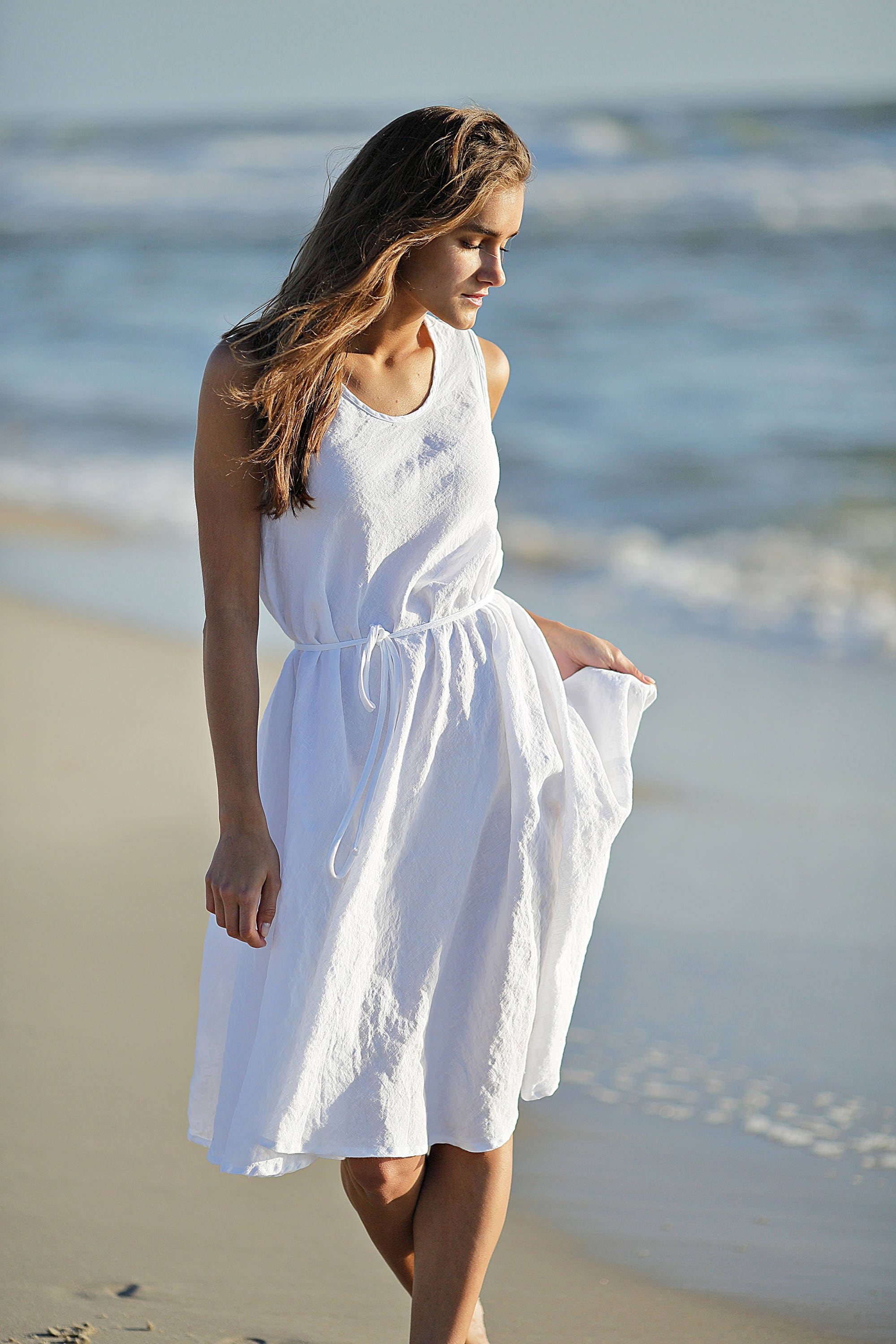 Linen dress. Sundress with a sash belt. Sleeveless dress. Summer dress ...