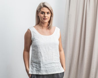 Linen top EVELYN.  Sleeveless tank top blouse with scoop neck .Casual handmade soft linen shirt.