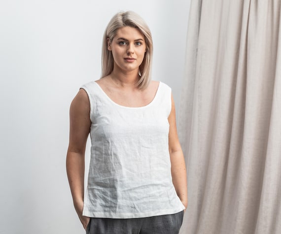 Linen top EVELYN.  Sleeveless tank top blouse with scoop neck .Casual handmade soft linen shirt.