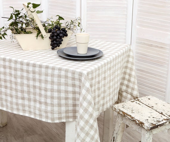 Linen tablecloth. Washed linen tablecloth. Table cloth in natural/white checks. Handmade table linen available in 47 colors.