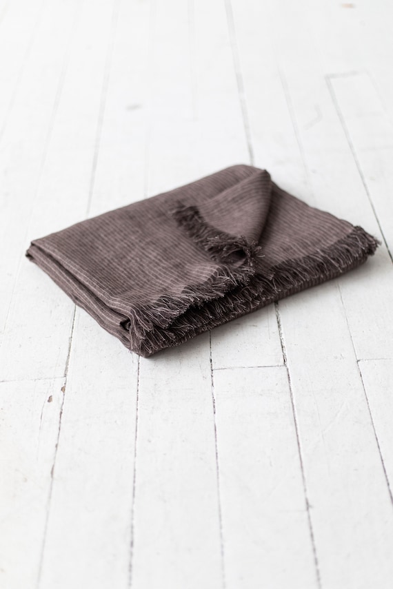 Fringed Linen throw blanket.  Couch Cover in Brown Striped. Fringed Linen Coverlet. Rustic linen Bedspread. Slipcover.