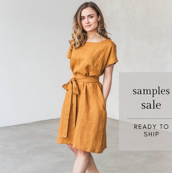 Linen dress.Knee length short sleeves dress. Ready to ship. Sample sale