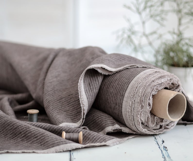 Linen fabric. Brown Stripped linen. Medium weight Baltic linen fabric. Flax linen fabric. Prewashed soft linen fabric by meter or yard 