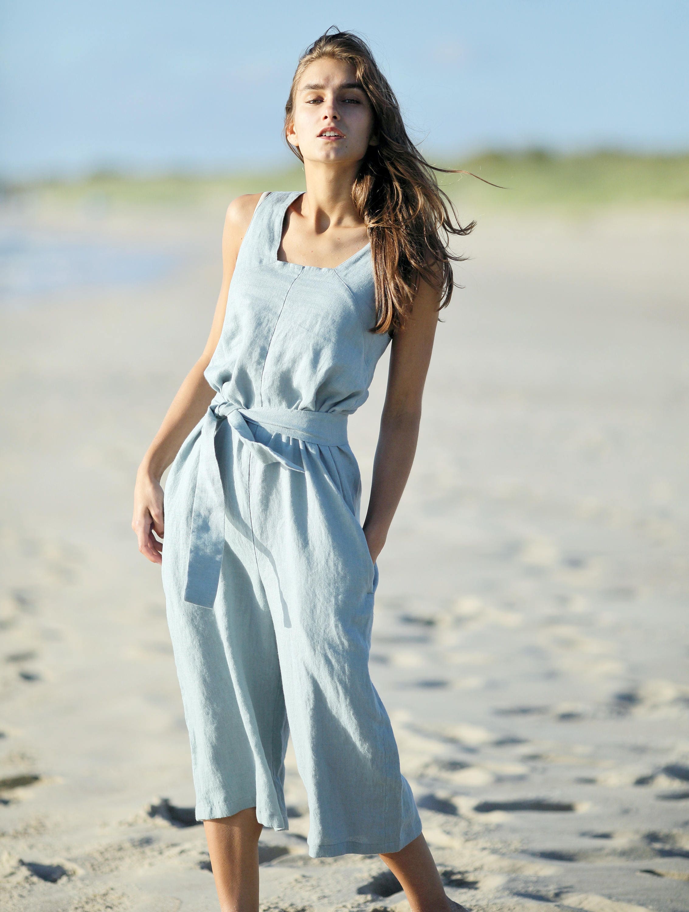 Linen jumpsuit. Linen organic sleeveless summer cloth. Wide leg pants ...