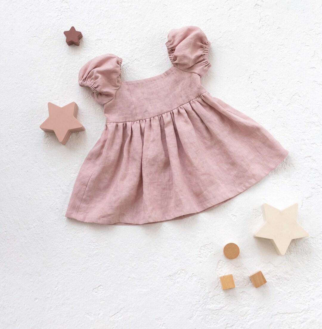 Linen Puff Sleeve Girl Dress. Linen Kids Dress With Sleeves. Casual