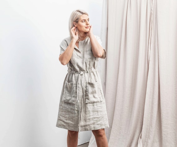 Linen dress / Oversize linen tunic dress with split neck and front pockets in Silver Gray color / available in 47 colors