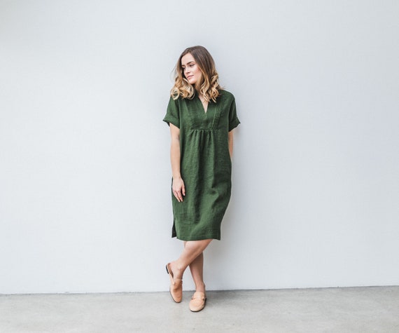 Modern linen dress HAZEL in Forest Green color.  Linen tunic dress in 47 colors. Summer trend dress with split neck.