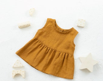 Girls linen ruffle top in Terracota color.  Linen Sleeveless boho children top. Summer top  for toddlers and babies.
