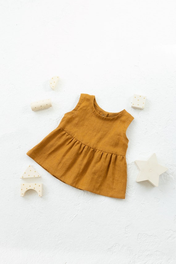 Girls linen ruffle top in Terracota color.  Linen Sleeveless boho children top. Summer top  for toddlers and babies.