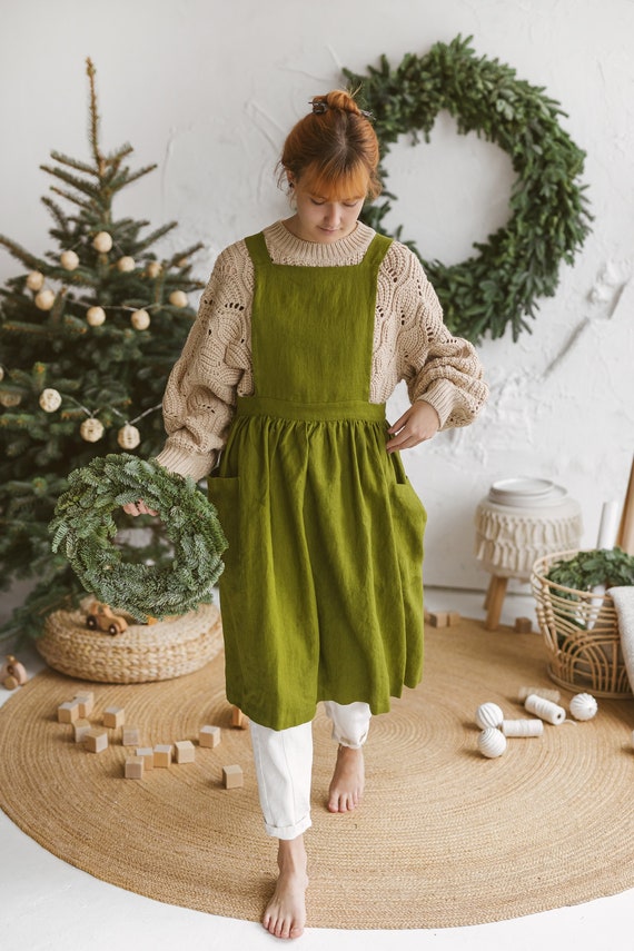 Handmade linen  pinafore apron dress for Women. Smock apron for cooking.