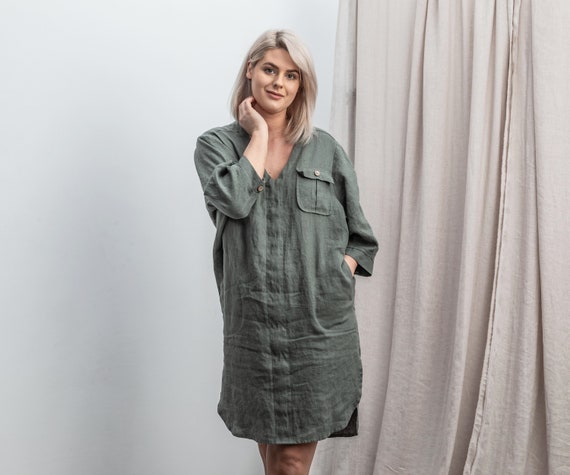 Linen tunic dress  with balloon sleeves in Olive Green color / Shirt style V neck dress with deep pockets / oversize women apparel