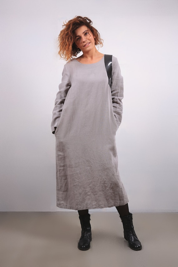 Heavy weight linen dress GRACE. Handmade dress. Warm dress. Long dress. Oversize linen dress. Dress for every day. Long sleeve Winter dress