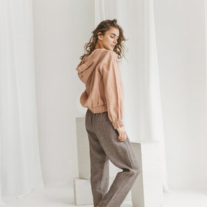 Linen hoodie for woman in Dusty peach color. Long sleeve linen top. Oversize hooded top available in 47 color. image 5