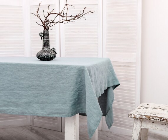 Linen tablecloth. Washed linen tablecloth. Table cloth in mint color. Handmade table linen available in 47 colors.