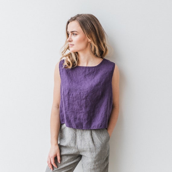 Linen Woman's summer crop tank top with split back MILA. Handmade from pure linen fabric. Available in 47 colors