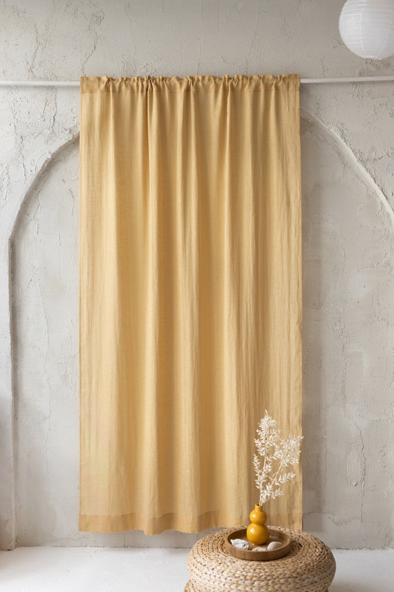 Linen rod pocket and sheer CURTAINS in Light Mustard color. Handmade linen curtains. Curtain panel. Ruffled header rod  pocket curtains.