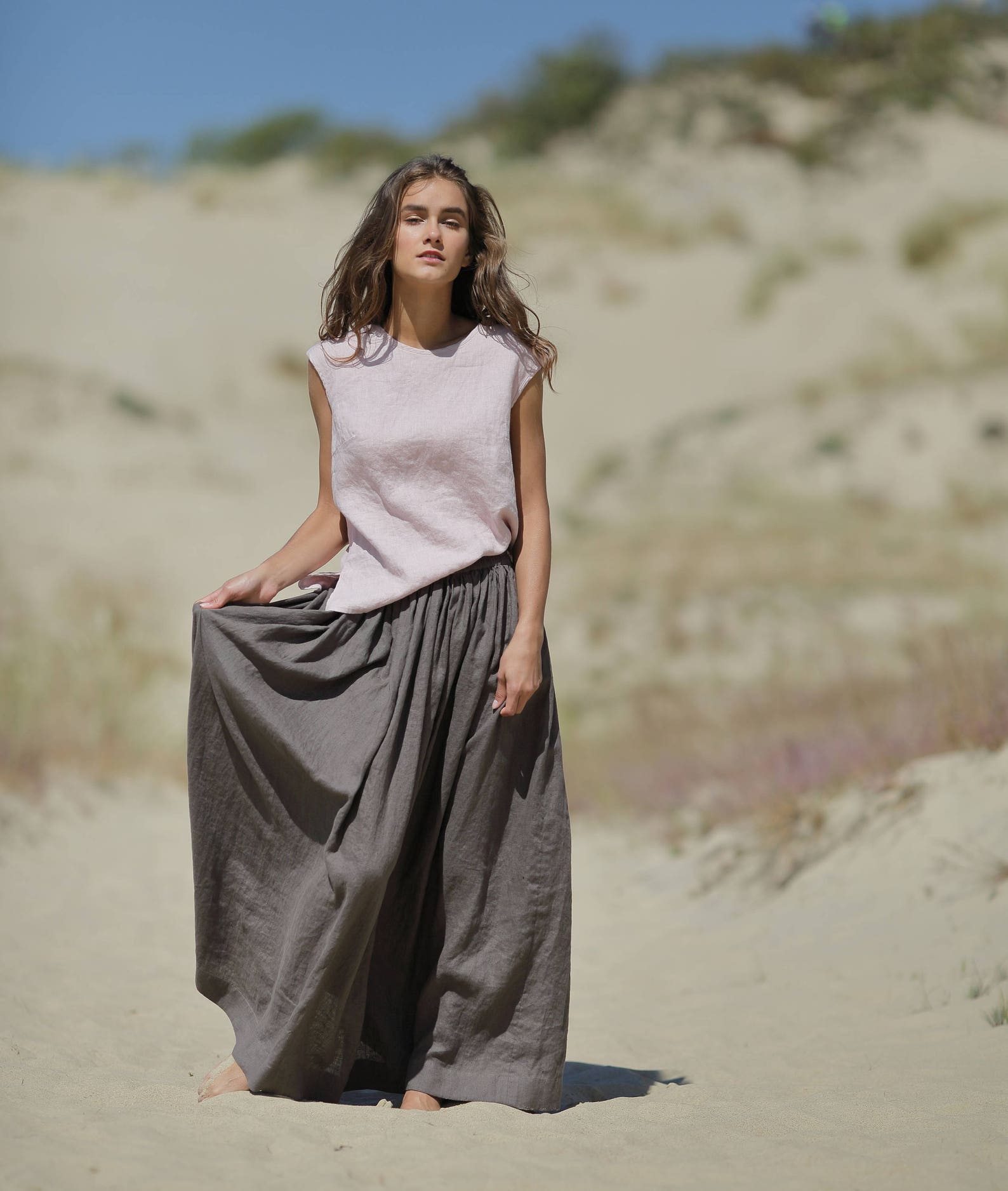 Linen Skirt. Long Elastic Waistband Skirt With Indoor Hanging Vegetable Garden Planter Liner