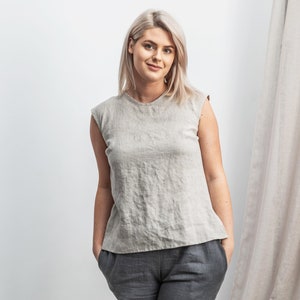 Linen tank top NORA. Split back sleeveless blouse in silver gray. Handmade asymmetric linen tee. Linen t shirt. Linen tank. Round neck shirt image 2