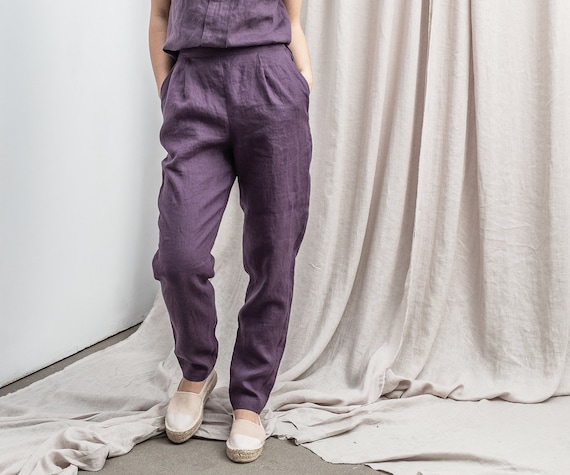 Linen pants with pleats and elastic waist in back/ Comfortable eco friendly tapered summer linen pants with pockets / Casual trousers