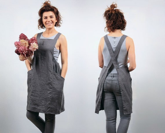 Graphite color crossed back woman's linen japanese apron / Elegant pinafore comfortable smock apron / Linen full apron dress