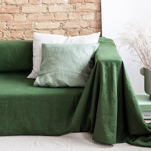 Linen Couch Blanket. Extra big Couch Cover in Forest Green color. Sofa Blanket. Blanket for Gift. Softened linen blanket in 47 colors.