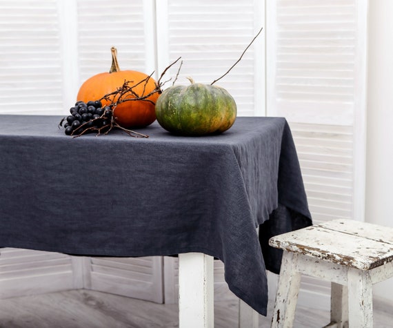 Linen tablecloth. Washed linen tablecloth. Table cloth in charcoal color. Handmade table linen available in 47 colors.