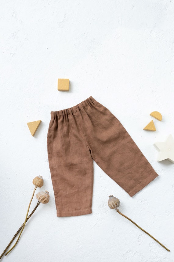 Girls linen straight loose pants in Cacao color.  Linen harem pants for gils and boys. Linen toddler pants.