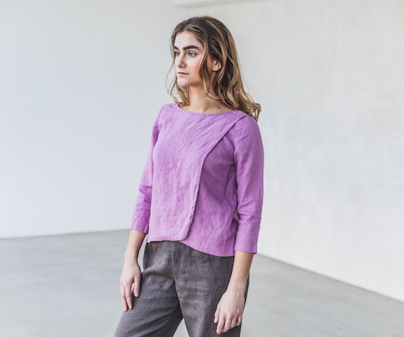 Linen blouse LIDIA with a split front. Rosy Mauve color shirt. Elegant tank top. Modern blouse. 3/4 sleeve blouse. Trendy blouse. Flax top.