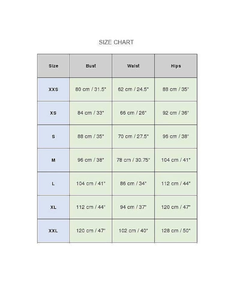 May include: Size chart for clothing with measurements in inches and centimetres. The chart shows sizes from XXS to XXL with corresponding bust, waist, and hip measurements.