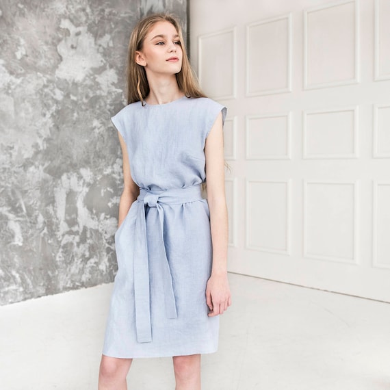 Linen dress. Grayish blue dress.  Fitting flare linen dress. Mini sundress with a belt and side pockets.  Oversize dress. Flax dress.