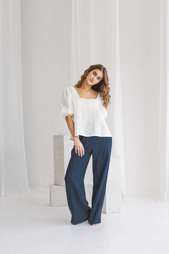 Square neck linen top MAGDALENA. Cream White puffed sleeves blouse. Loose linen blouse for women. Available in 47 colors.