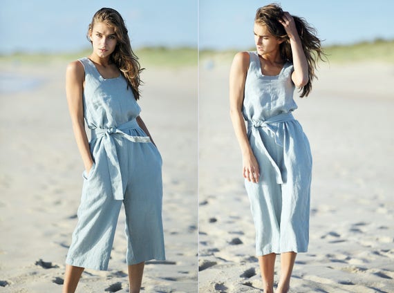 Linen jumpsuit. Linen organic sleeveless summer cloth. Wide leg pants linen beach cloth.Women's linen loose jumpsuit with capri pants.