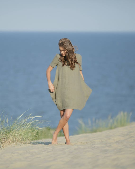 Linen short sleeves dress / loose fit sundress / tulip dress / mini modern day dress / elegant apparel / oversize maternity dress