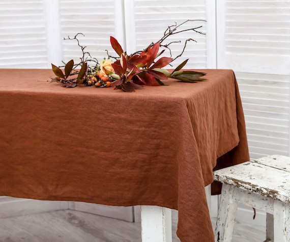 Linen tablecloth. Washed linen tablecloth. Table cloth in burnt orange color. Handmade table linen available in 47 colors.