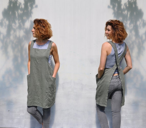 Olive green womans linen japanese no ties apron / Elegant pinafore comfortable smock apron / Original linen full apron dress